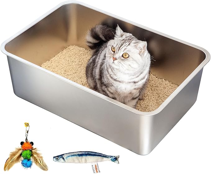 XXL Stainless Steel Cat Litter Box, Includes Catnip Fish Toy & Wand Feather Toy Refill, Extra-Large Metal Litter Pan for Big Cats & Multi-Cat Homes, Pet Toilet Supplies for Kitten