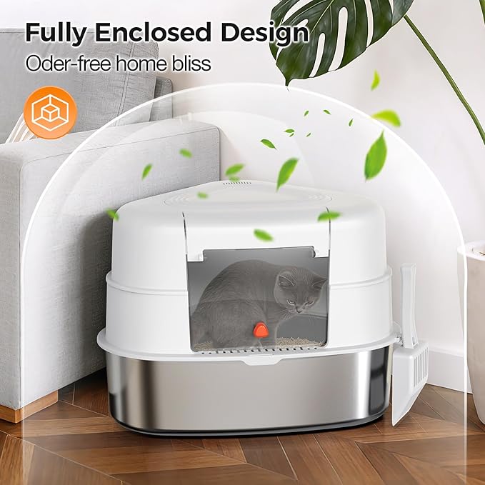 XL Stainless Steel Corner Cat Litter Box with Lid - Sturdy, No Odor & Space-Saving Hidden Design for Large Cats, White