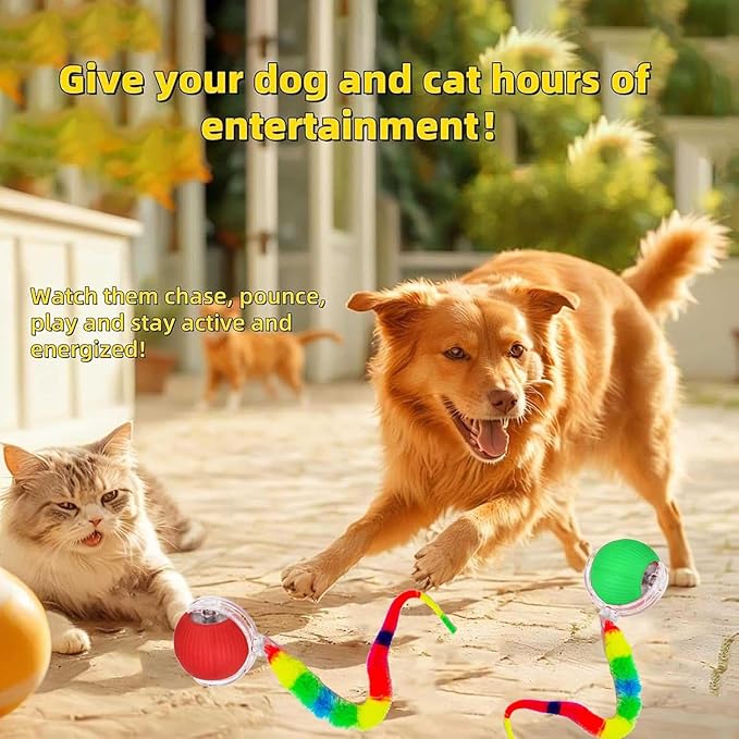 2 PCS Interactive Cat Toy Rolling Ball Chewie Viral Dog Ball with Tail, Smart Automatic Rolling Pet Balls,Automatic Moving Electric Cat Toy