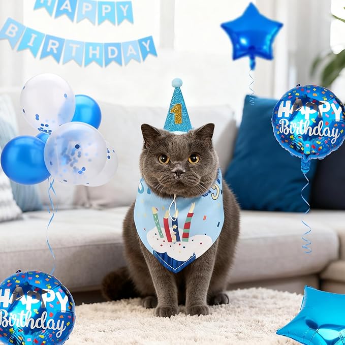 Dog & Cat Birthday Party Decorations Set Include Bandana, Adjustable Hat, Balloons, Happy Birthday Banner for Male and Female. Available for Small & Medium & Large Breeds (Blue)