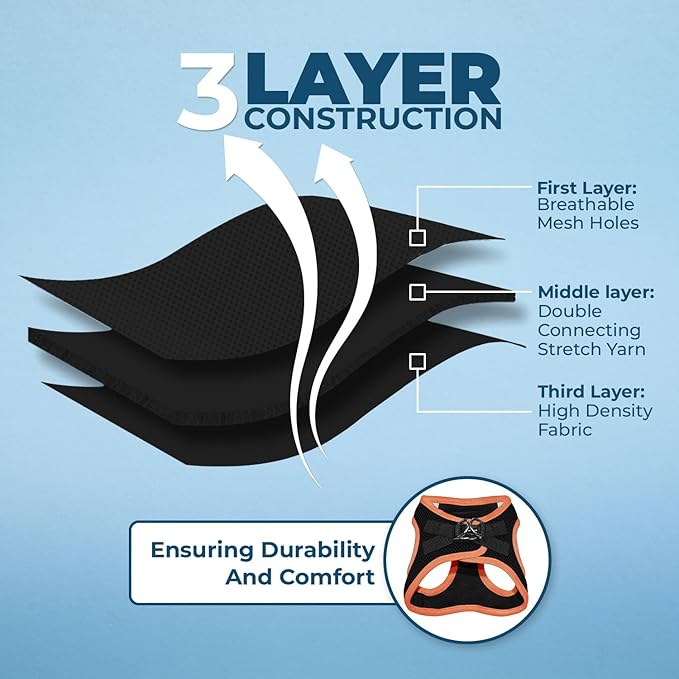 Best Pet Supplies - All Weather Mesh/Plush, Reflective, No Pull Harness for Small, Medium Dogs, Cats - Secure with Hook & Loop Fastener, Buckle, Double D-Rings - Black/Orange Trim, XS