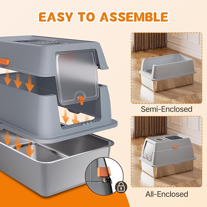 Stainless Steel Litter Box with Lid, 6” Deep Pan, Extra Large Litter Box for Big Cats, Anti-Leakage, Odor Free, Front & Top Dual Entry, Includes Litter Mat & Metal Scoop