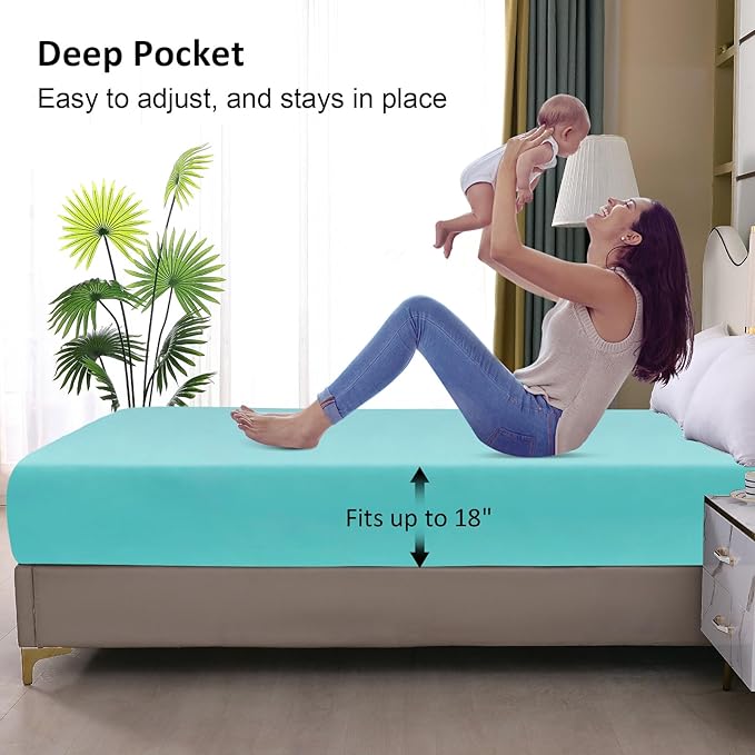 Waterproof Mattress Protector Queen, Fitted Sheet Style Breathable Mattress Cover with Deep Pocket Fits Up to 18'', Noiseless Bed Cover for Kids Adults Pets, Machine Washable (Cyan, 60'' X 80'')