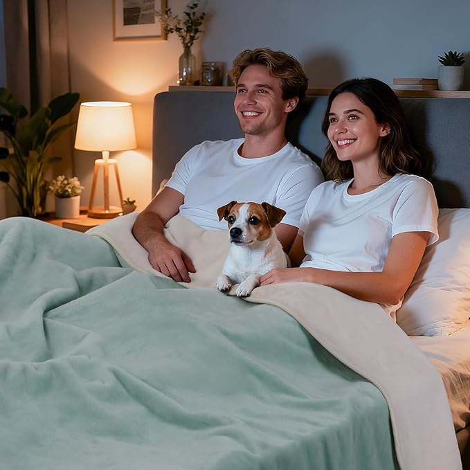 LOOBANI Waterproof Blanket for Bed: Reversible Soft Flannel Queen Bed Blanket 80" x 90", Waterproof Dog Blankets for Large Dogs, Spill-Proof Cover for Furniture Protection, Movie Time, Green