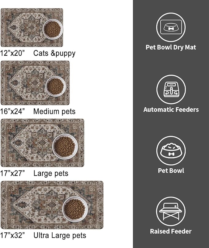 Dog Food Mats for Floors, Absorbent and Quick-Drying Pet Cat Food Mat,Anti-Fouling and Easy-to-Clean Pet Feeding Mat,Dog Bowl Mat for Messy Drinking Water Bowls.12 x20, Bohemia Style