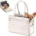 Dog Purse Carrier for Small Dogs, Stylish Foldable Pet Carrier Purse Tote Bag with Washable Cushion & Safety Leash, Airline Approved Puppy Travel Bag with Pockets (White)