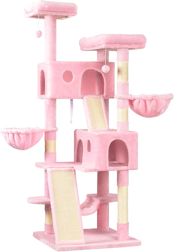 WEEWAY Cat Tree Tower for Indoor Cats,65'' Multi-Level Cat Furniture Activity Center,Stand House Condo Cave,Sisal Scratching Posts Ramps,Plush Perches Platforms Basket Hammock, Pink