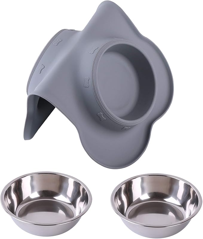 Hubulk Pet Dog Bowls 2 Stainless Steel Dog Bowl with No Spill Non-Skid Silicone Mat + Pet Food Scoop Water and Food Feeder Bowls for Feeding Small Medium Large Dogs Cats Puppies (Large, Gray)