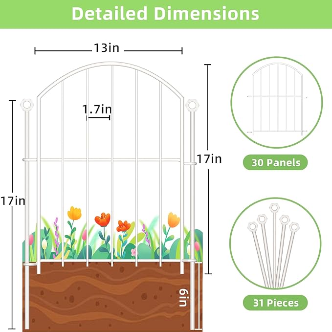 Decorative Garden Fence 17in x30ft, 30 Pack Rustproof Metal No Dig Fence Animal Barrier for Dog, Arched Flower Bed Edging Ornamental Wire Border Panel Fencing (White, 30 Panels-17in(H) x30ft(L))