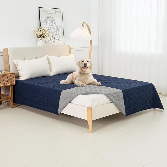 BOCTOPUG Dog Bed Cover for Pets Blankets Rug Pads for Couch Protection Waterproof Bed Covers Dog Blanket Furniture Protector Reusable Changing Pad (Navy Blue+Light Grey, 82"x102")