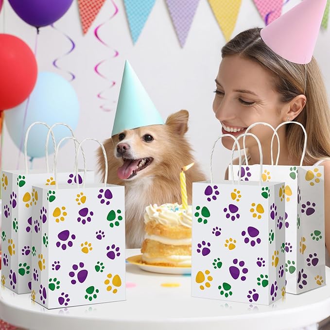Blulu 20 Pcs Puppy Dog Paw Gift Bags with Paper Twist Handles, Dog Gift Paper Paw Treat Goodie Bags for Pet Treat Party Favor, 6.3 x 3.1 x 8.6 Inch