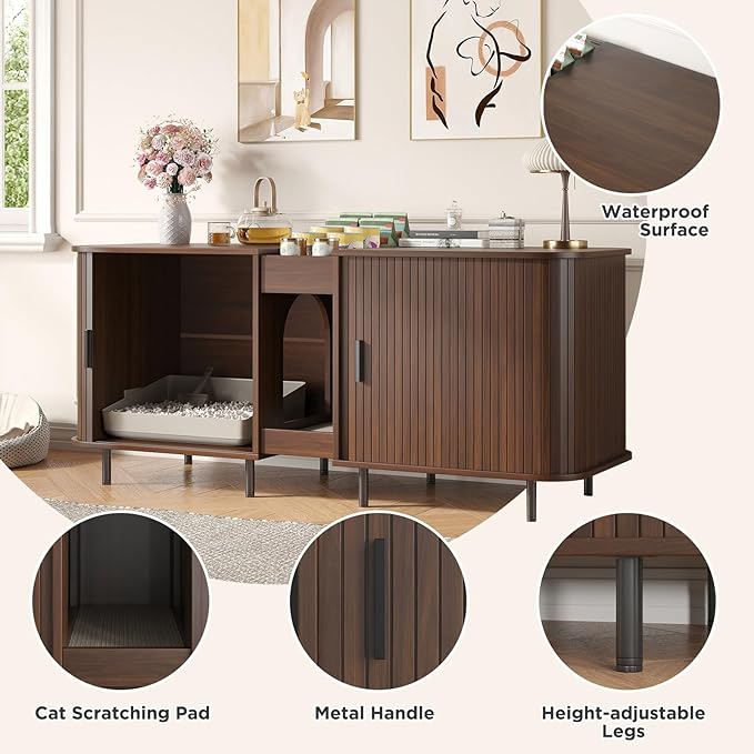 Double Litter Box Enclosure for 2 Cats, 55" Litter Box Furniture Hidden with Cat Scratch Pad, Large Indoor Cat House with Double Room, Wooden Litter Box Cabinet, TV Stand, Walnut