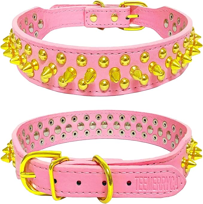 TEEMERRYCA Pink Leather Gold Spiked Studded Dog Collar for Female Puppy Small Medium Large Pets,Pit Bulls Bulldog, Keep Dog Safe from Grabbing by Huge Dogs, S 10.8"-13.2"