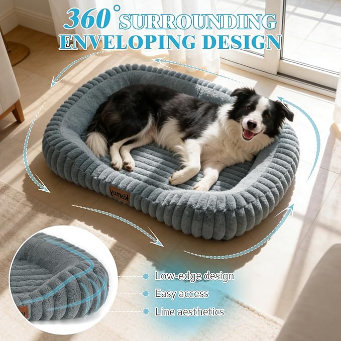 Orthopedic Dog Bed for Extra Large Dogs, Comfort-Sided Calming Pet Bed Couch with Breathable Memory Foam, Plush Faux Rabbit Fur & Anti-Slip Bottom, Machine Washable, 43"x31"x5.5", Grey