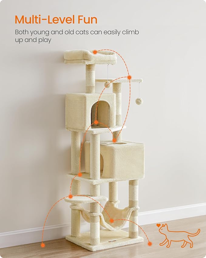 Feandrea Cat Tree, 59.5-Inch Tall Cat Tower, Plush Multi-Level Condo with 5 Scratching Posts, 2 Perches, 2 Caves, Hammock, 2 Pompoms, Beige UPCT192M01