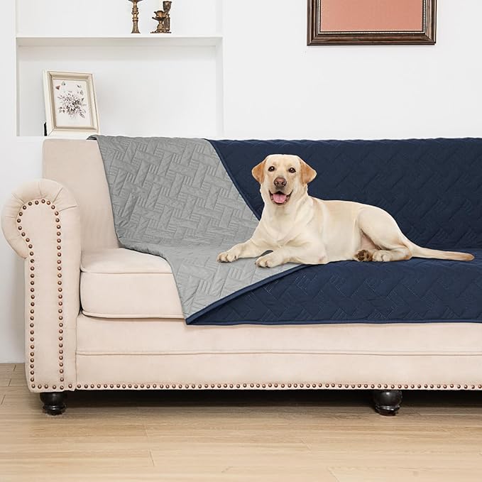 BOCTOPUG Dog Bed Cover for Pets Blankets Rug Pads for Couch Protection Waterproof Bed Covers Dog Blanket Furniture Protector Reusable Changing Pad (Navy Blue+Light Grey, 82"x102")