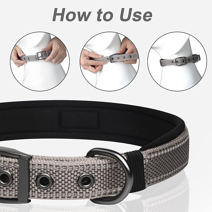 PetiFine Dog Collars for Medium Dogs, Neoprene Padded and Adjustable, Reflective Wide Heavy Duty Pet Collars with Durable Metal Belt Buckle for Walking, Grey, M