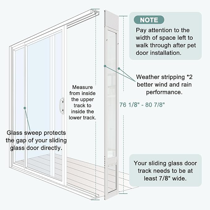Doggie Door Insert for Sliding Glass Doors, Adjustable Height 76 1/8"-80 7/8" Aluminum Frame Tempered Glass with Lock, 7"x11" Medium Transparent Flap for Large Dogs