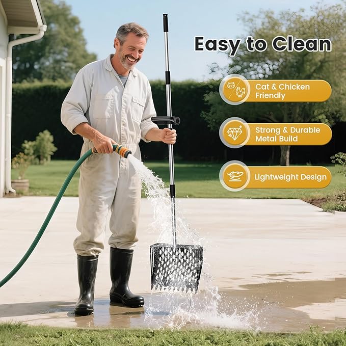 Chicken Poop Scooper and Rake, 2-in-1 Metal Sand Sifting Shovel with 24-68 Inch Adjustable Stainless Steel Handle, Cleaning Tools for Outdoor Chicken Coops, Farm Animals House