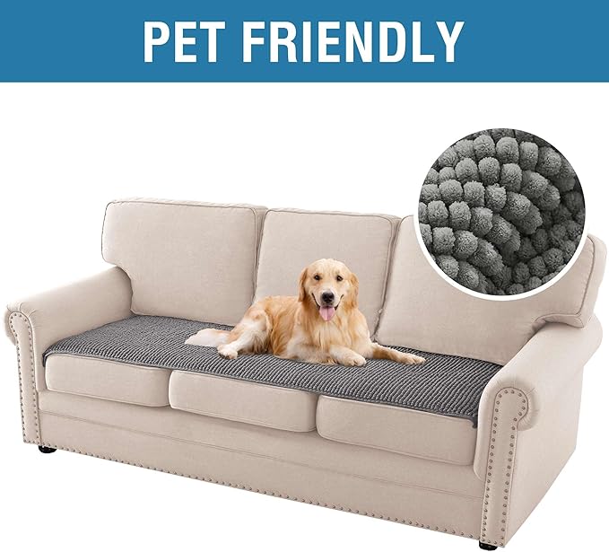 H.VERSAILTEX Plush Chenille Couch Cover for 3 Cushion Couch Anti Slip Washable Sofa Slipcovers Soft and Durable Furniture Protector for Dogs Cats Kids (27.5" x 71", Gray)
