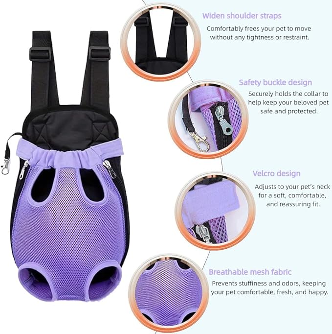 Pet Dog Carrier Backpack, Portable Breathable Mesh Chest Carrier, Polyester Woven Double Shoulder Pet Bag for Outdoor Adventures (Purple, Large)