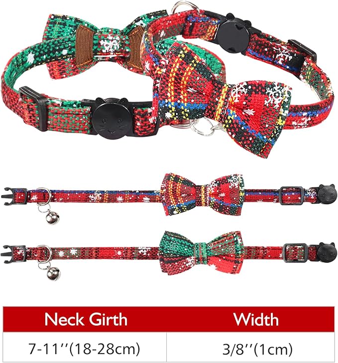 Joytale 2 Pack Christmas Cat Collar with Bells, Breakaway Cat Collars with Bow Tie, Girl Boy Safety Plaid Kitten Collars, Christmas Red+Green
