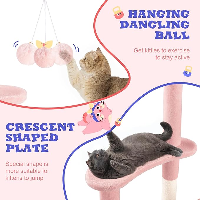 Allewie 55.5 in Cat Tree for Indoor Kitties/Soft Plush Perches/Multi-Level Cat Tower/Sisal Scratching Posts/Crescent Plates/Round Jumping Board/Hanging Ball/Pet Activity Center/Pink