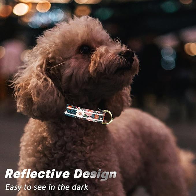 Reflective Dog Collar for Large Dogs, Cute Flower Theme Adjustable Heavy-Duty Nylon Puppy Collar for Boy and Girl Female, Soft Pet Accessories with Quick Release Buckle, Elegant Floral