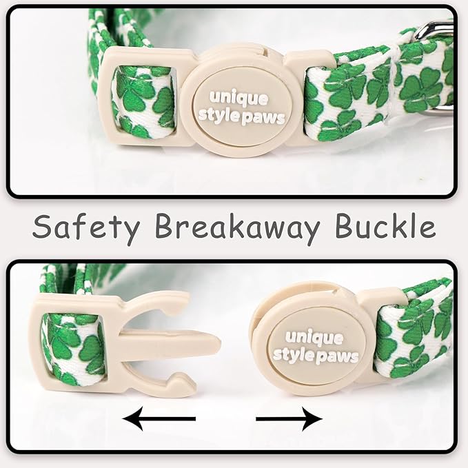 Unique style paws 2 Pack St. Patrick's Day Kitten Collar Breakaway with Bell&Pendant, Adjustable Safety Green Clover Magic Hat Cat Cotton Collar for Girl Boy Cat and Small Pet