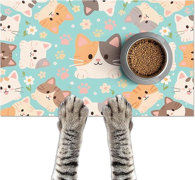 Cat Feeding Mat 24x16 inch Blue Kitten Print Pet Bowl Placemat Non Slip Floor Mat for Food and Water Indoor Kitty Feeding Station Cute Meal Pad for Small Pets Kitchen Use