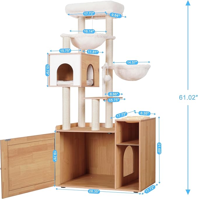 Hey-brother Cat Tree with Litter Box Enclosure, Modern Cat Tower for Indoor Cats with Large Platform, Condo Food Station and 2 Hammocks, All-in-one Cat Furniture, Wood Walnut MPJ115WB