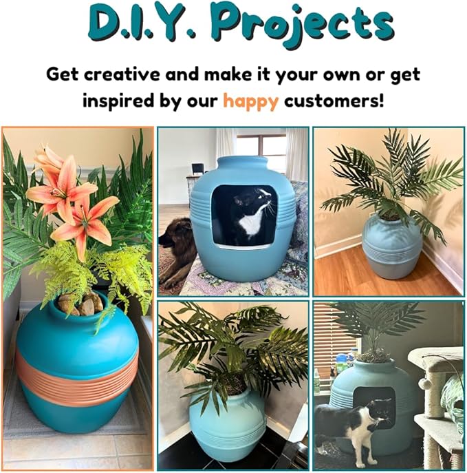 Good Pet Stuff Hidden Litter Box Planter, Decorative Cat Litter Enclosure with Carbon Filter, Artificial Plant, Easy Clean, Improved Design, Round Style, Base Kit, Coastal Blue