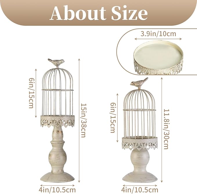 Birdcage Candle Holder Decorative Bird Cages for Weddings Vintage Candlestick Holders Wedding Candle Centerpieces for Tables Iron Candleholder Set Home Decor Distressed Ivory
