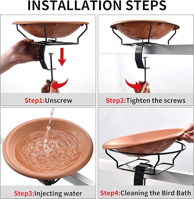 Bird Bath Deck Mounted 12 Inches, Deck Adjustable Steel Clamp 3.5 Inches, Balcony Railing Birdbaths Unheated(Brown)