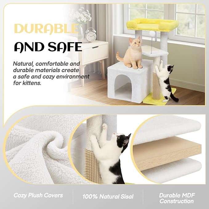 VINGLI Cat Tree, 27 inch Small Cat Tower with Scratching Post and Pad, Cat Condo for Indoor Kittens Padded Top Bed, Cats Indoor Activity Center (Yellow & White)