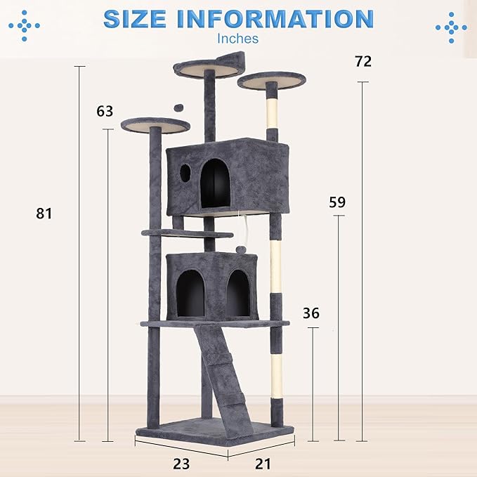 FDW | 81" Cat Tree Tower | Dark Gray | Multi-Level Indoor Activity Center with Sisal Scratching Posts, Condos, Plush Perches, Hanging Cat Toys | Sturdy, Easy to Assemble | for Kittens & Adult Cats