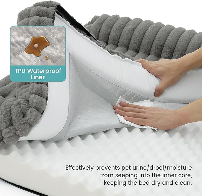 Cute Dog Bed for Medium Dogs, Faux Rabbit Fur Orthopedic Foam Dog Bed with Sides, Removable Washable Cover & Waterproof Lining, Comfortable Pet Couch, Grey (36" L x 27" W x 6.5" Th)