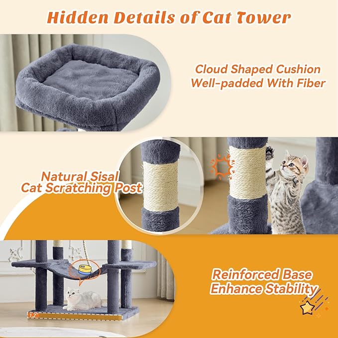 Large Cat Tree 66 Inch, Multi-Level Tall Cat Tree Tower with Condo, Perches, Sisal Scratching Posts and Hammock, Pet Play House with Dangling Balls for Indoor Cats, Dark Grey