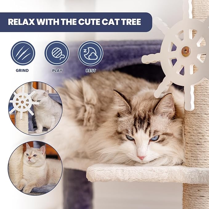 HYABi 48.5-Inch Novelty Lighthouse Seagull Wheel Buoy Cat Tree Tower Condo Bed Furniture Plush Ball Toy Fish Platforms Multi-Level with Scratching Posts Play for Indoor Cats