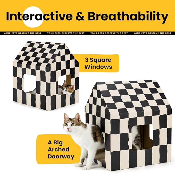 Cardboard Cat House with Scratch Pad & Catnip, Cat Play Scratching House for Indoor Hideaway Furniture, Heavy Duty Sturdy Cardboard Scratcher, Easy to Assemble Birthday Gift, Large