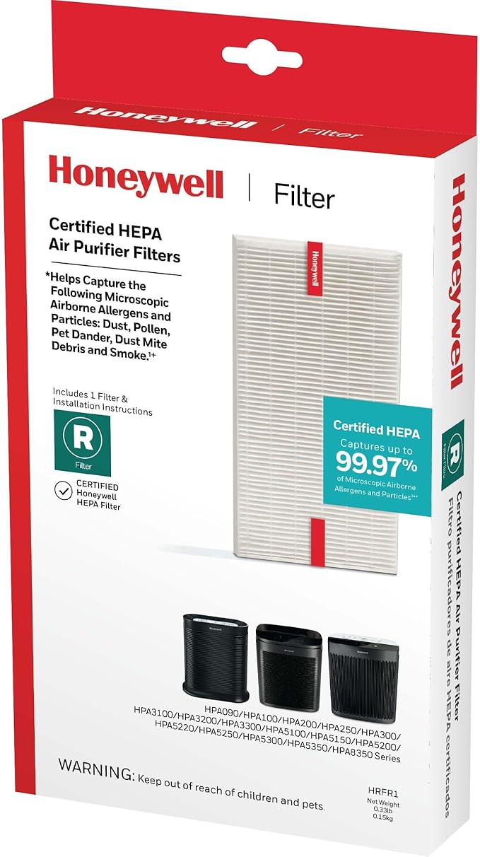 Honeywell HEPA Air Purifier Filter R, 1-Pack for HPA 100/200/300, 3000 and 5000 Series - Airborne Allergen Air Filter Replacement Targets Wildfire/Smoke, Pollen, Pet Dander, and Dust