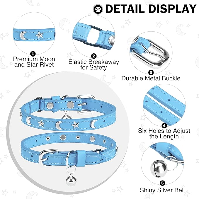 Leather Cat Collars for Boy Girl Cats with Bell and Safety Elastic Belt, Personalized Star and Moon Stud Adjustable Safe Buckle Collar for Kitty Small Big Cats Size 8-12 Inch, Light Blue