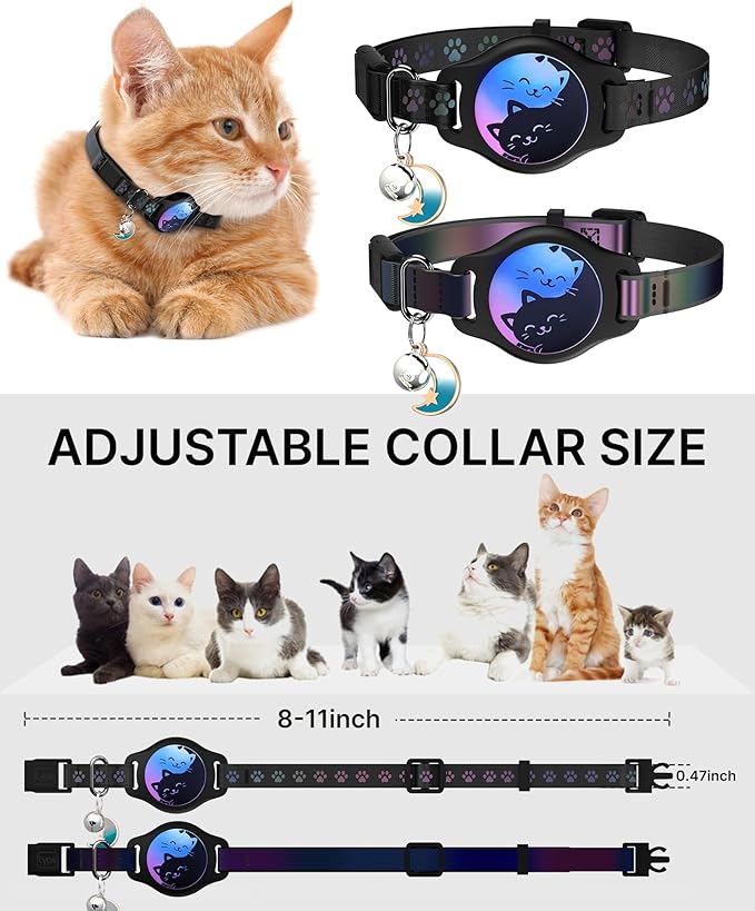 Cat Collar with Airtag Holder, 2 Pack Waterproof Breakaway Kitten Collar for Apple AirTag GPS Tracker, Adjustable Cat Collar with Buckle, Bell & Reflective Pattern for Cats, Kittens, Black (8-11")