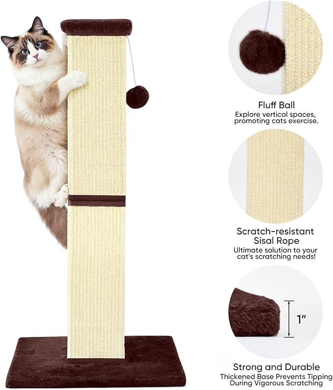 Cat Scratching Post 32 Inch for Indoor Large Cats and Kitten, Nature Sisal Tall Cat Scratch Post, Sisal Cat Scratcher Improve Cat's Scratching Habits and Protect Your Furniture, Beige