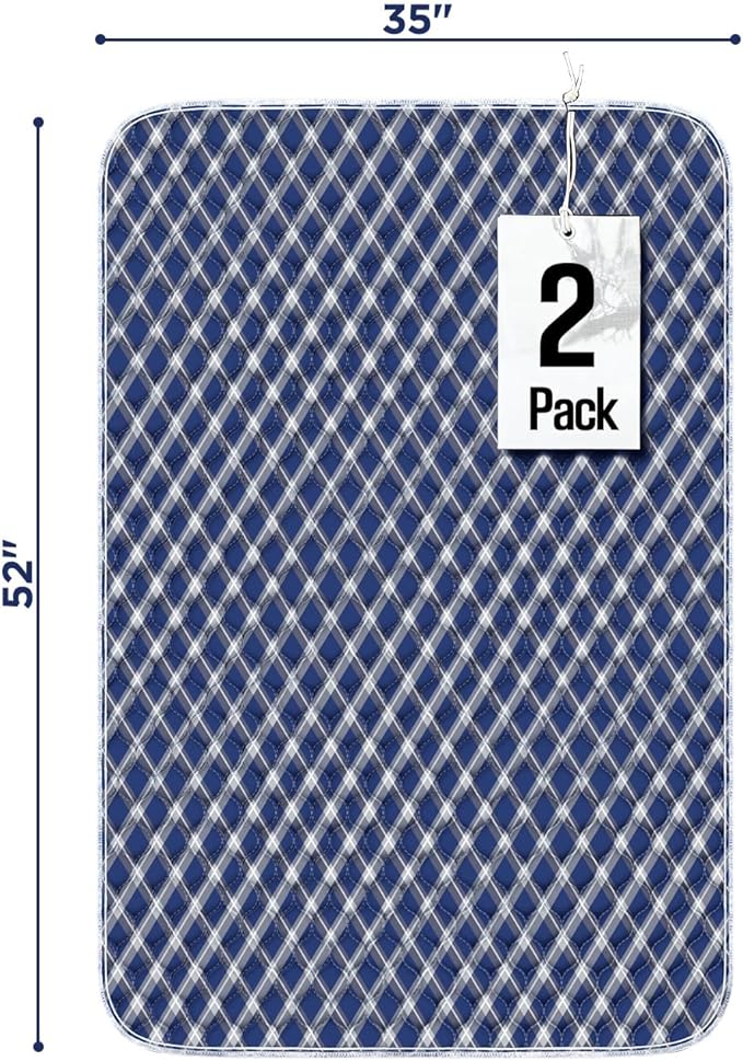 Non-Slip Bed Pads for Incontinence Washable (36" x 52"|2 Pack), Waterproof Bed Pads, Navy Blue Grid, Bed Wetting Pads for Bed, Sofa, Floor, Resuable Underpads for Adults, Seniors, Pet
