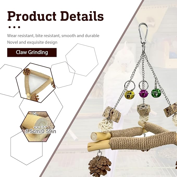 New with Bell! Wooden Bird Swing for Cage, 3-in-1 Hanging Parrot Toy with Chew Toys, 3 Sisal Perches & Stable Triangle Design for Parakeets, Cockatiel, Conures, Lovebirds, Quaker Parrots