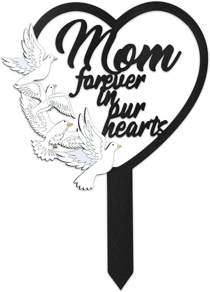 BUoonyer Stake Graves Cemetery Decorations - Mom Metal Memorial Grave Markers, Mother Heart Graveyard Sympathy Plaque, Dove Remembrance Graveside Burial Decor Sign for Outside Yard Garden
