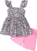 Toddler Baby Girls Summer Clothes Outfits Ruffled Sleeve Dinosaur Shirt Leopard Tops and Shorts Pants Sets 2PCS