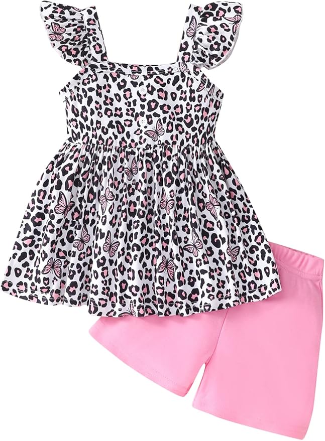 Toddler Baby Girls Summer Clothes Outfits Ruffled Sleeve Dinosaur Shirt Leopard Tops and Shorts Pants Sets 2PCS