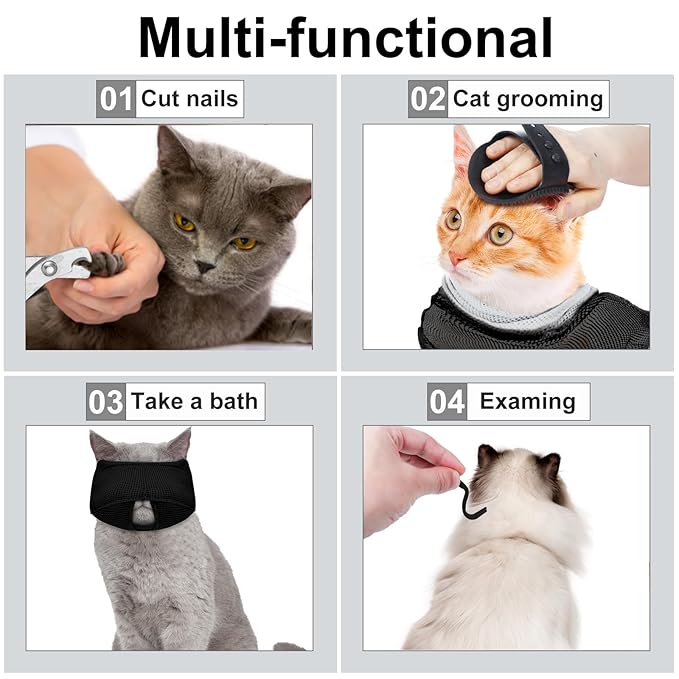 10 Pcs Cat Bathing Bag Set Pet Mesh Shower Bag Anti Bite and Scratch Pet Grooming for Washing Brush, Cat Muzzle, Nail Clipper, Nail File, Tick Tool(Gray and Black)
